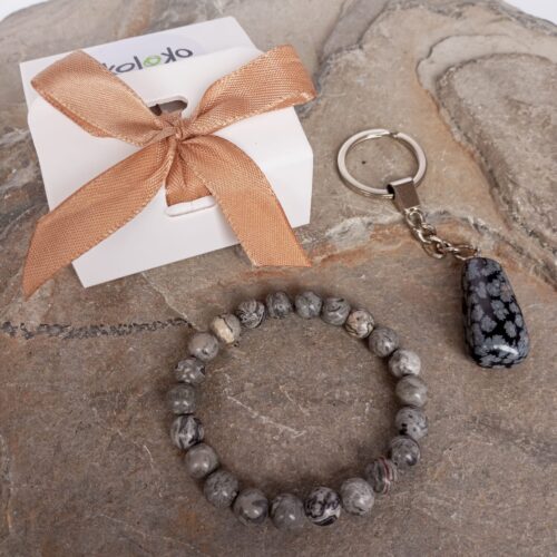 kit pulsera en jaspe gris y llavero en obsidiana copo de nieve 6461