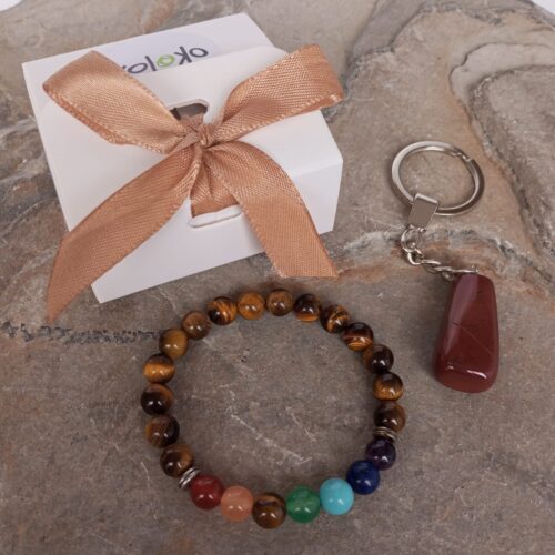 kit pulsera en ojo de tigre siete chakras y llavero en jaspe rojo 6463