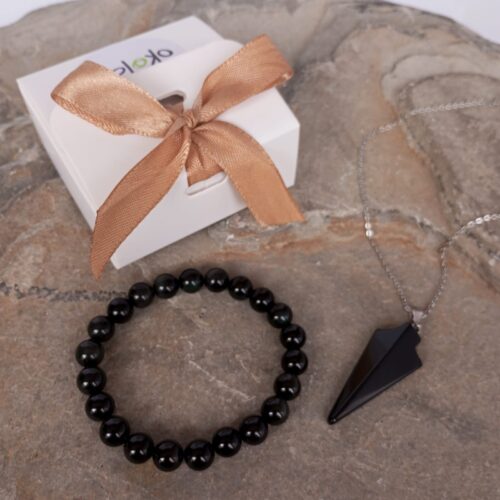 kit pulsera y dije flecha en piedra obsidiana 6465