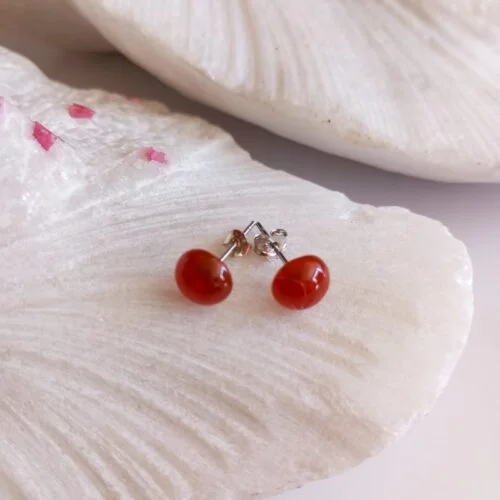 Aretes en Plata con Piedra Cornalina Redondos Pequeños