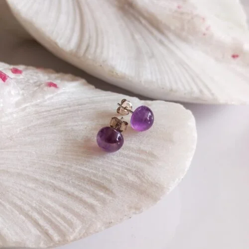 Aretes en Plata con Piedra Amatista Redondos Pequeños