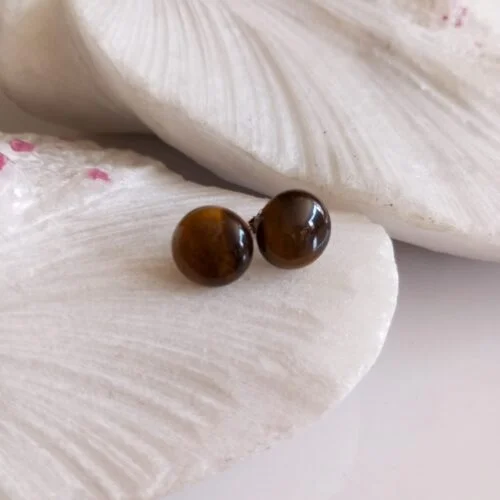 Aretes en Plata con Piedra Ojo de Tigre Redondos Grandes