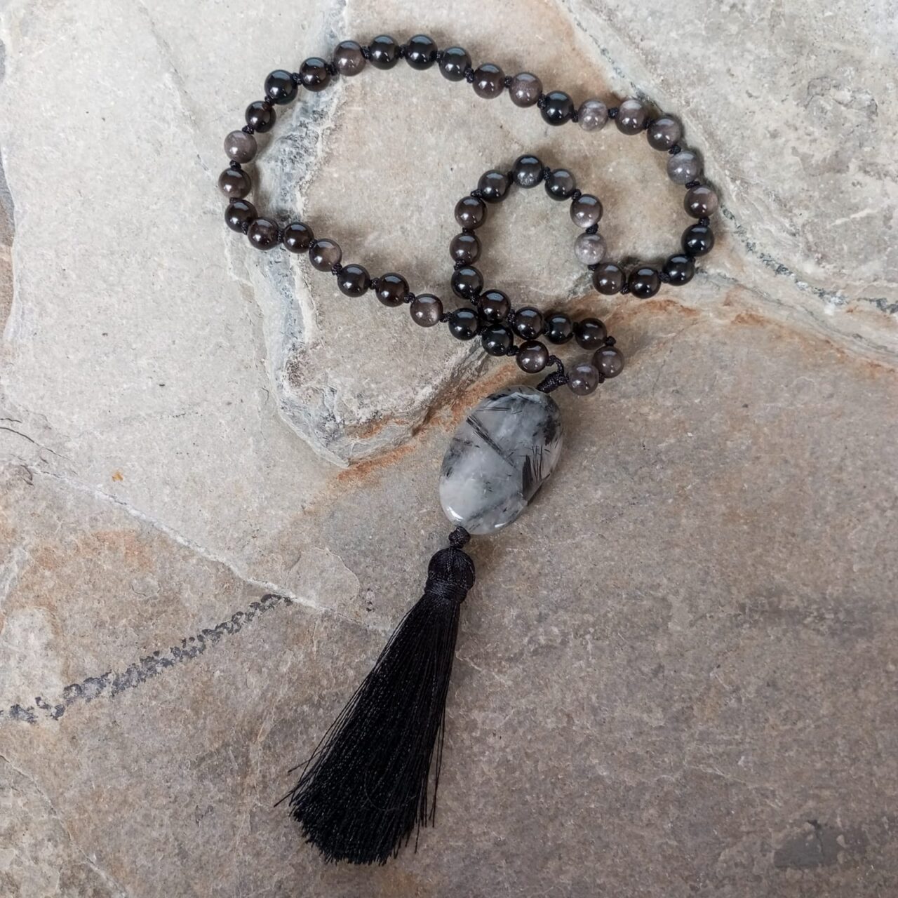 japa mala 45 cuentas en piedra obsidiana 12361