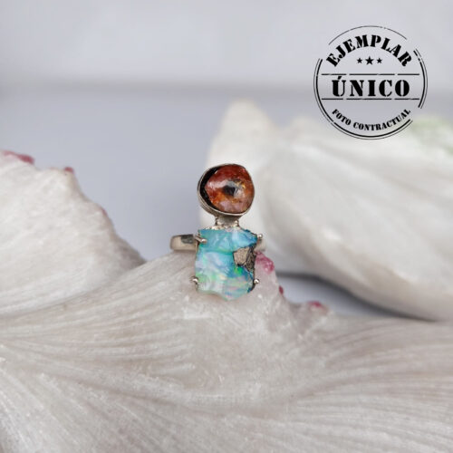 Anillo en Plata con Piedra Ópalo en Bruto y Turmalina Sandía