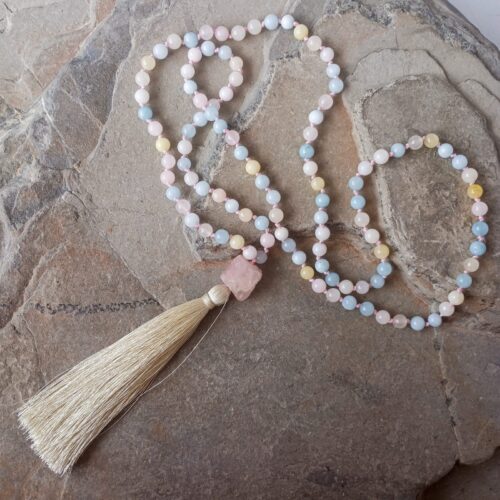 Japa Mala con Piedra Morganita y Cuarzo Rosa