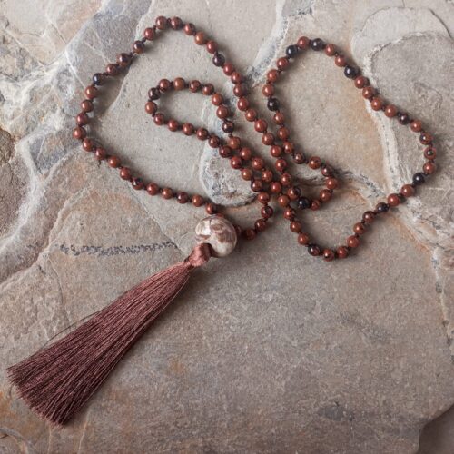 Japa Mala con Piedra Obsidiana Caoba