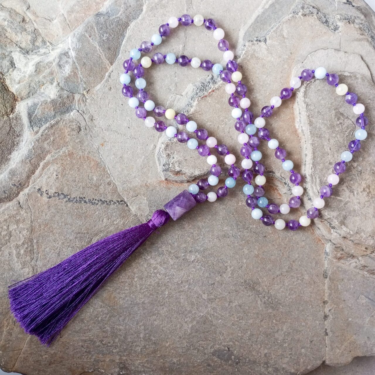 japa mala con piedra morganita y amatista 13134