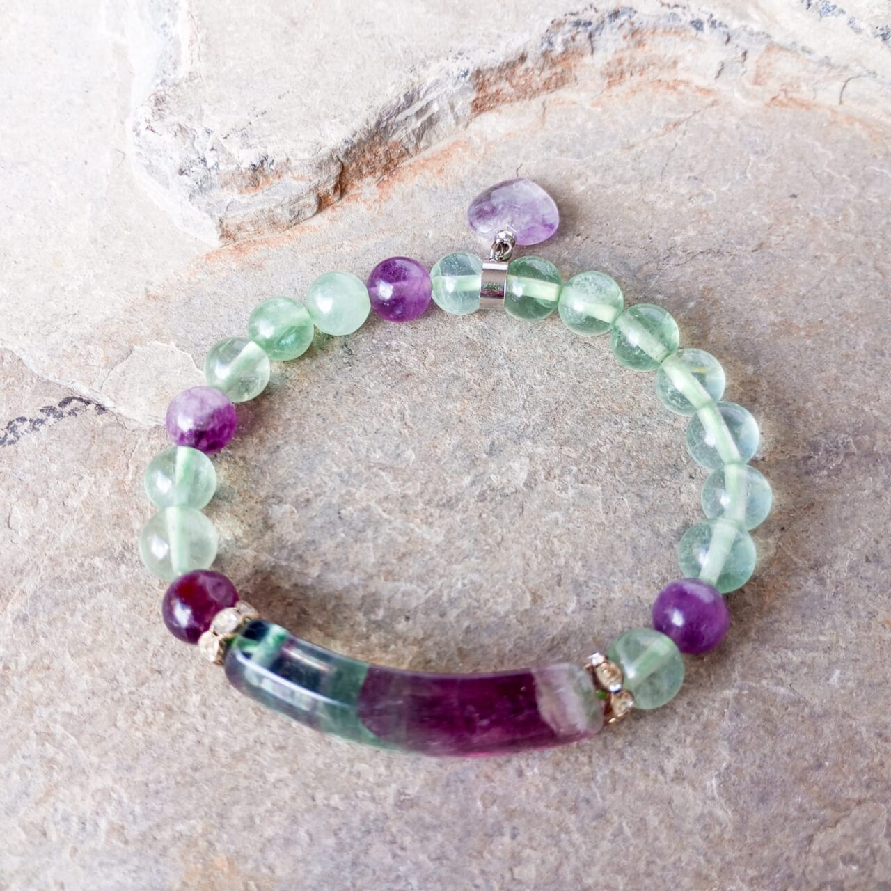 pulsera en piedra fluorita con placa 13579