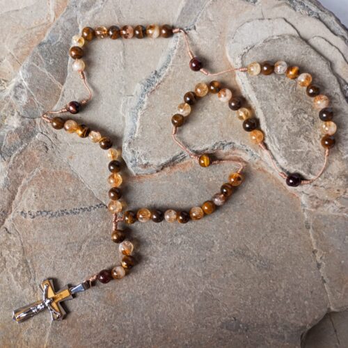 Camándula en Piedras Ojo de Tigre y Citrino con Cruz en Acero